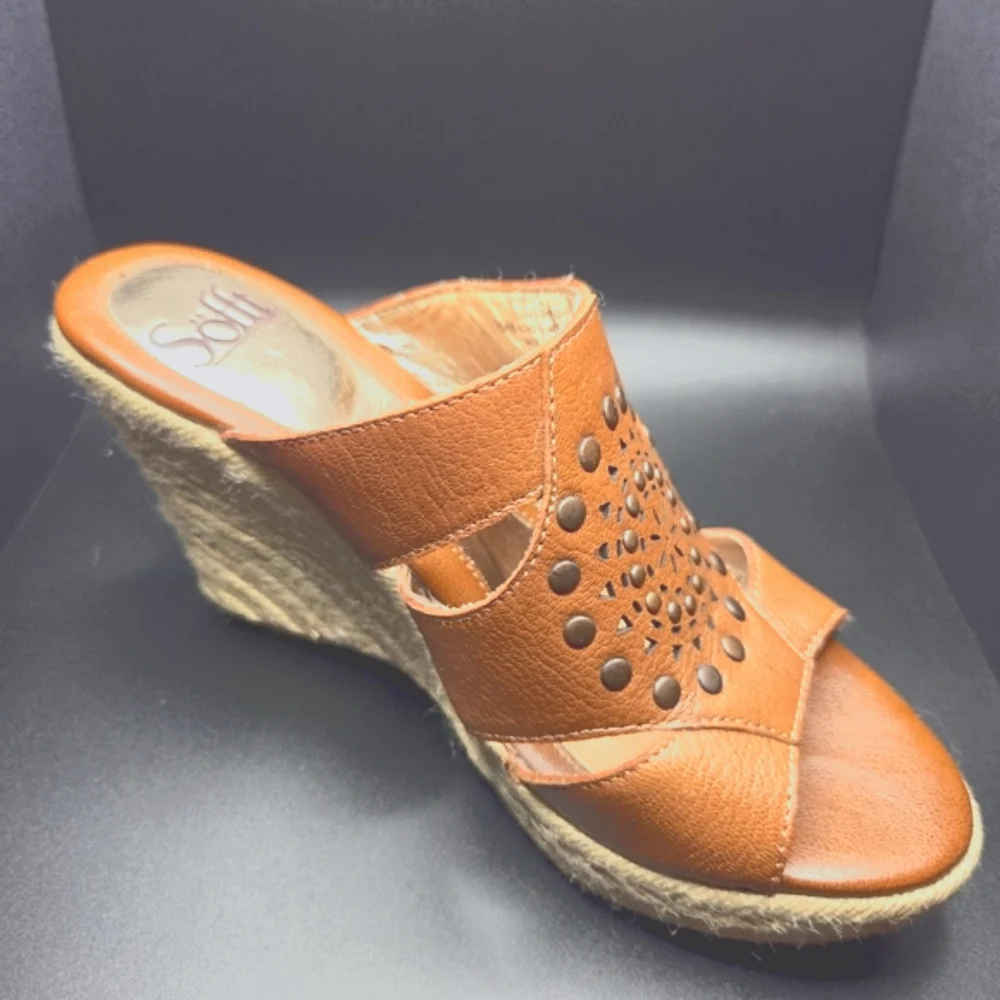 Söfft Leather Studded Cutout Espadrille Wedge Mule Sandals 6.5M Cognac